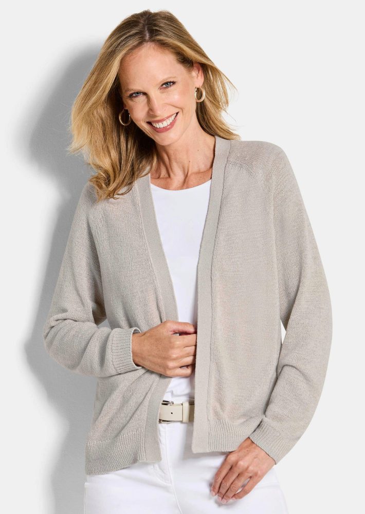 Kurze Strickjacke aus Bändchengarn - stein - Gr. 38 von Goldner Fashion