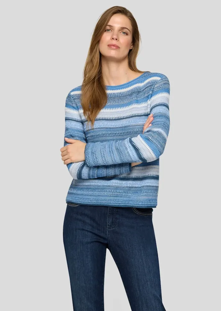 Ringelpullover in Strukturstrick - blau / cremeweiss - Gr. 46 von Goldner Fashion