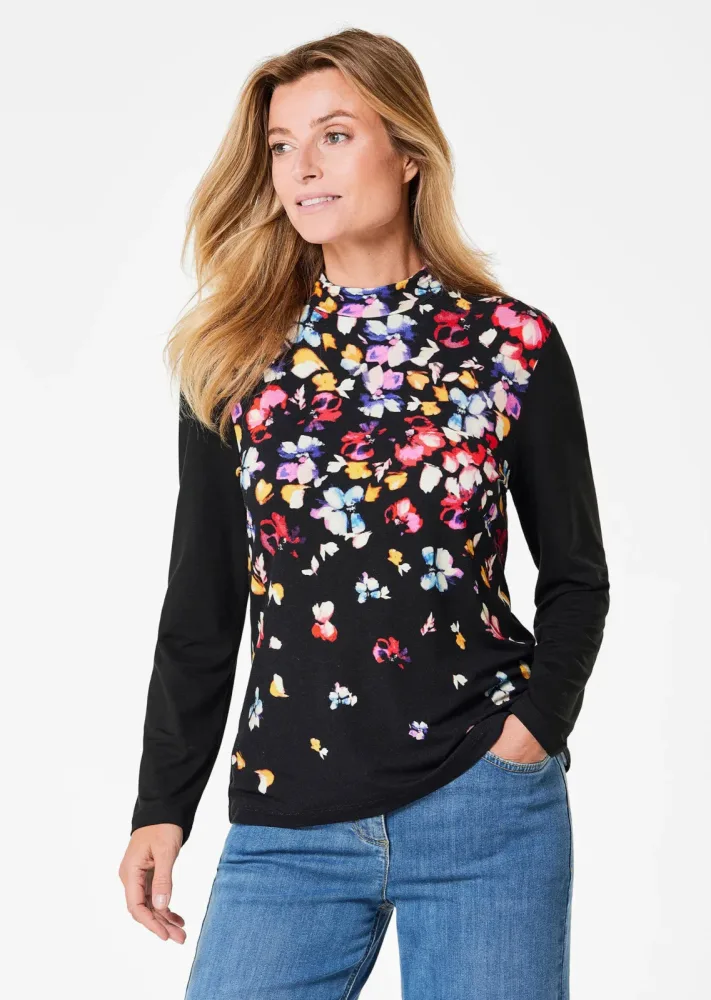Druckshirt mit anschmiegsamem Stehkragen - schwarz / dunkelrot / geblümt - Gr. 22 von Goldner Fashion