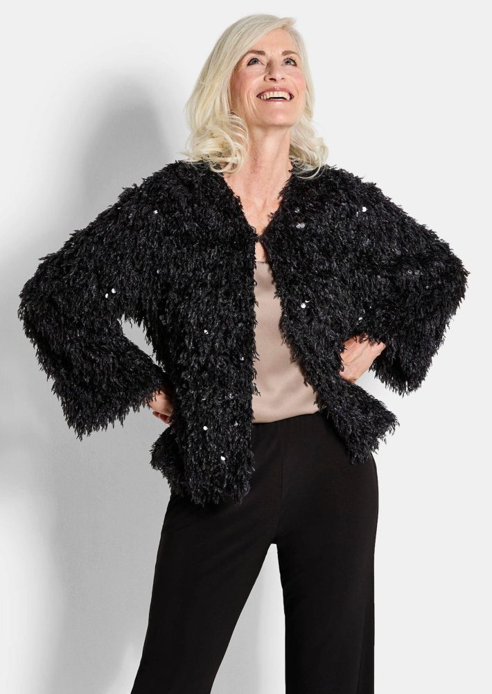 Jacke in Feder-Optik mit Pailletten - schwarz - Gr. 19 von Goldner Fashion