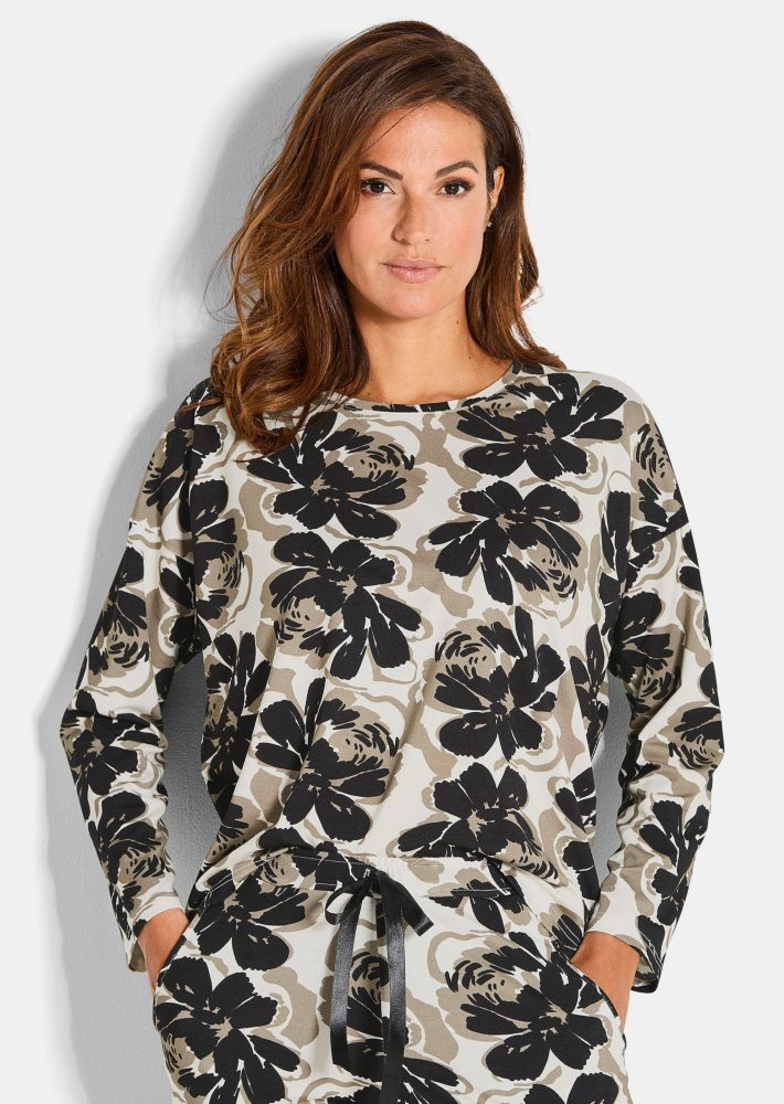 Pyjamashirt mit Blumenmuster - khaki / schwarz / cremeweiss - Gr. 38 von Goldner Fashion