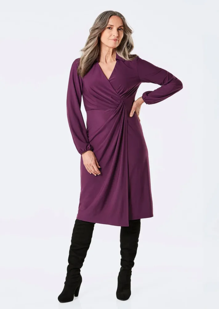 Wickelkleid mit Hemdkragen - aubergine - Gr. 42 von Goldner Fashion
