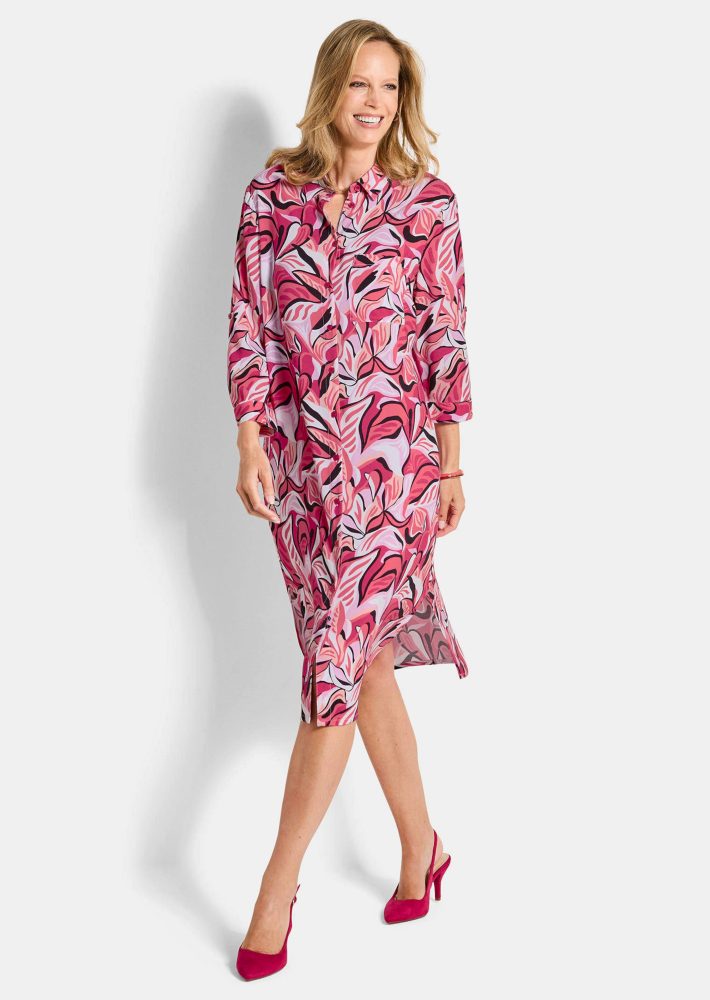 Hemdblusenkleid mit Blätterprint - pink / gemustert - Gr. 20 von Goldner Fashion