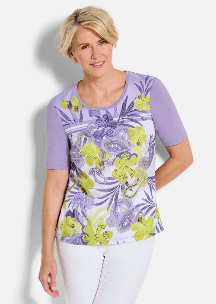 Blusenshirt mit Paisley und Strasssteinen - weiss / flieder / gemustert - Gr. 21 von Goldner Fashion