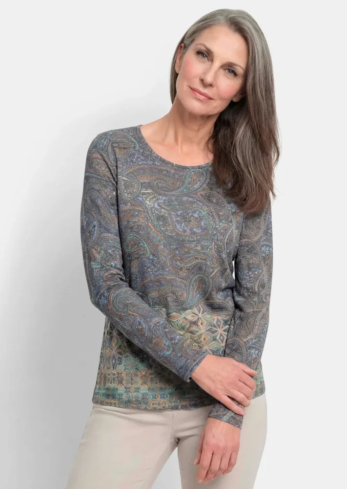 Langarmshirt mit Paisleymuster - graugrün / gemustert - Gr. 20 von Goldner Fashion