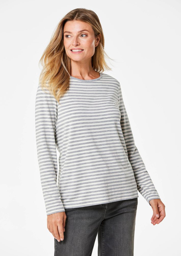 Ringelshirt mit U-Boot-Ausschnitt - grau / cremeweiss / geringelt - Gr. 24 von Goldner Fashion
