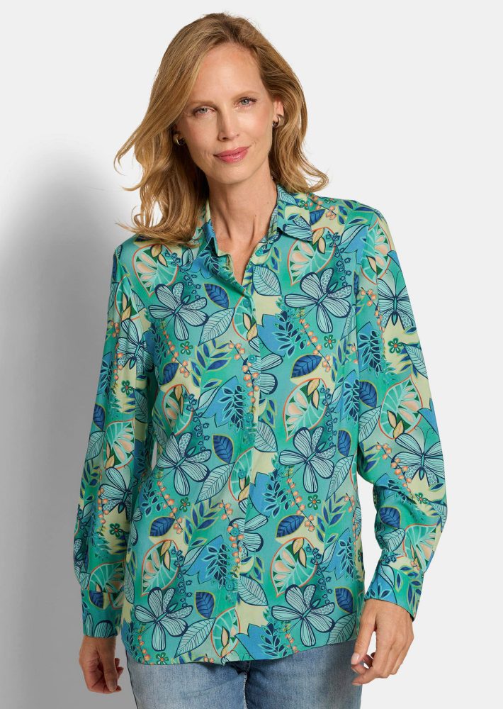 Legere Bluse mit Hemdkragen - salbei / blau / gemustert - Gr. 20 von Goldner Fashion