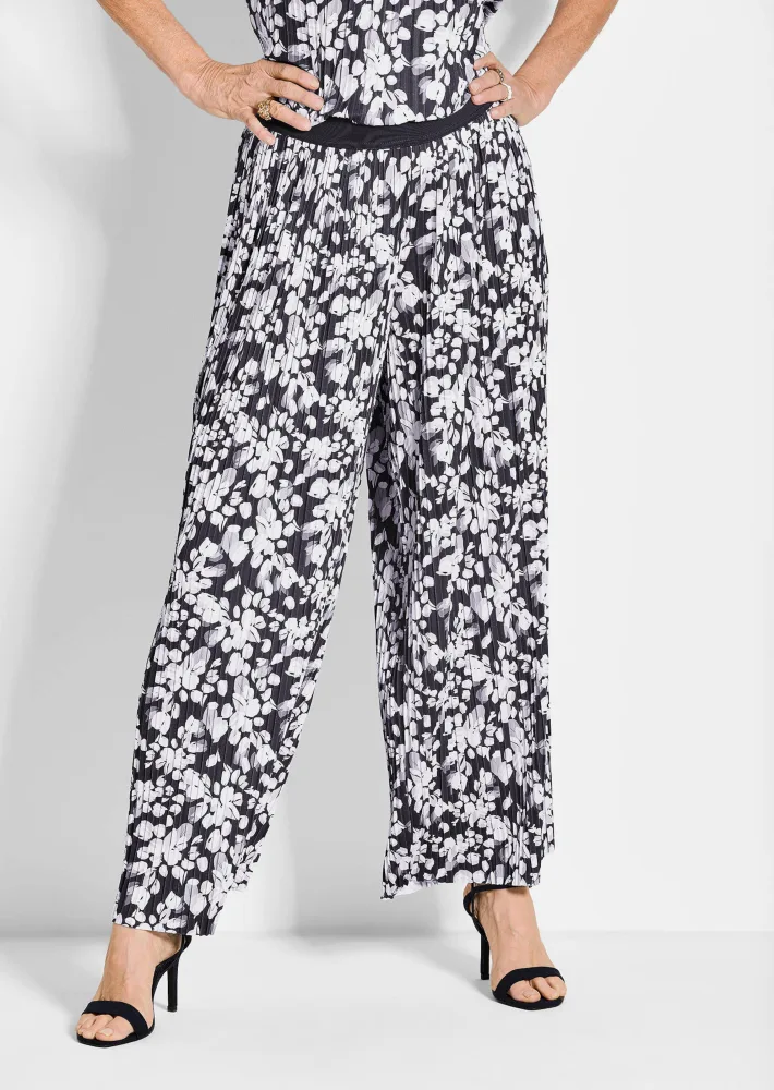 Plissee-Hose VERA mit Blütendruck - marine / weiß / geblümt - Gr. 46 von Goldner Fashion