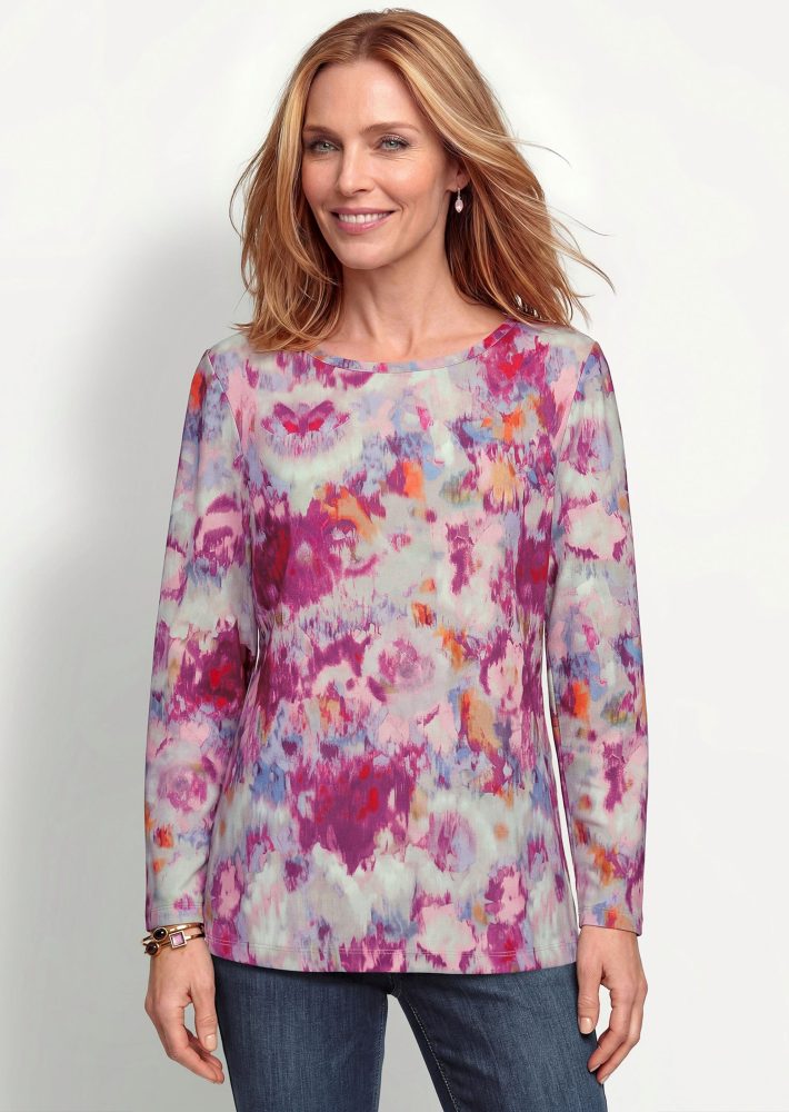 Flauschiges Langarmshirt in Aquarell-Optik - beere / gemustert - Gr. 38 von Goldner Fashion