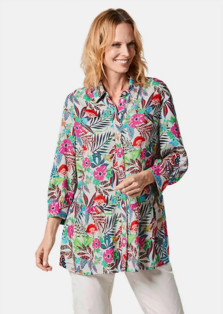 Druckbluse in exotischem Muster - koralle / grün / gemustert - Gr. 22 von Goldner Fashion