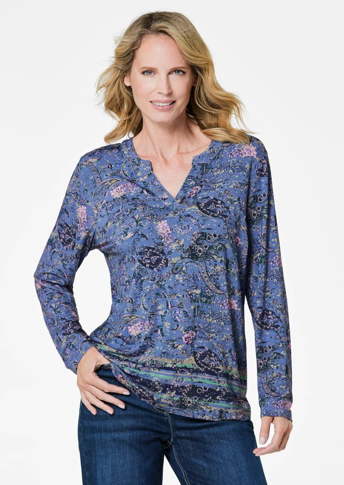 Langarmshirt mit Paisleymuster - blau / gemustert - Gr. 20 von Goldner Fashion