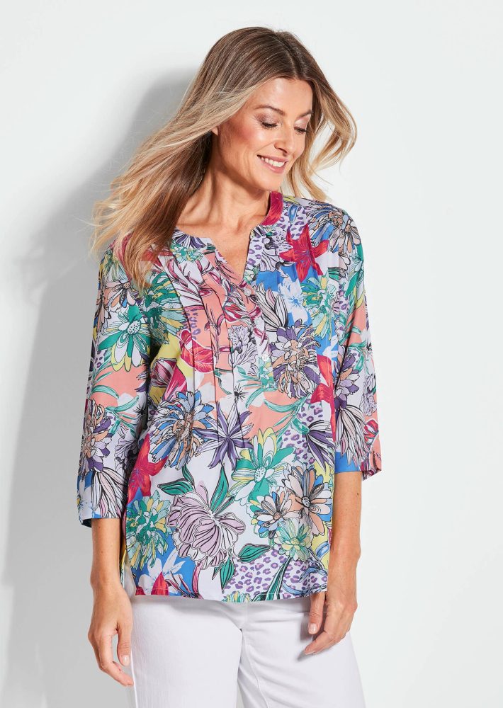 Farbbrillante Druckbluse mit liebevollen Details - bunt - Gr. 38 von Goldner Fashion
