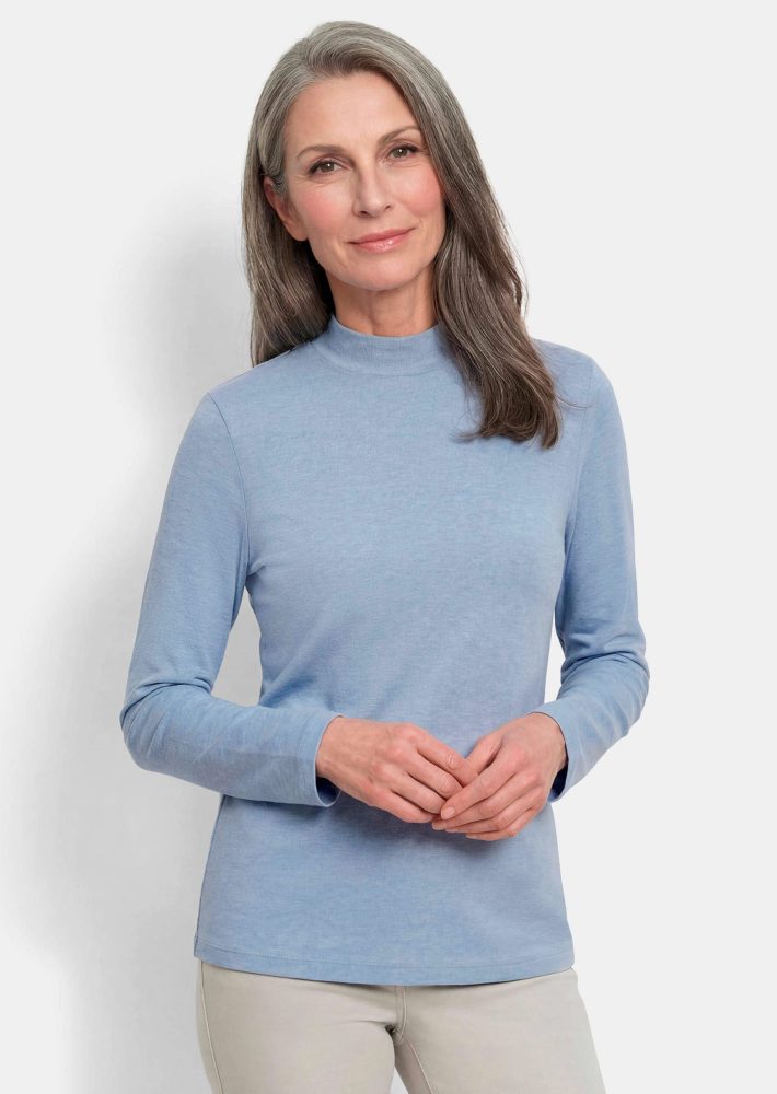 Langarmshirt mit Stehkragen aus Baumwolle - hellblau / méliert - Gr. 20 von Goldner Fashion