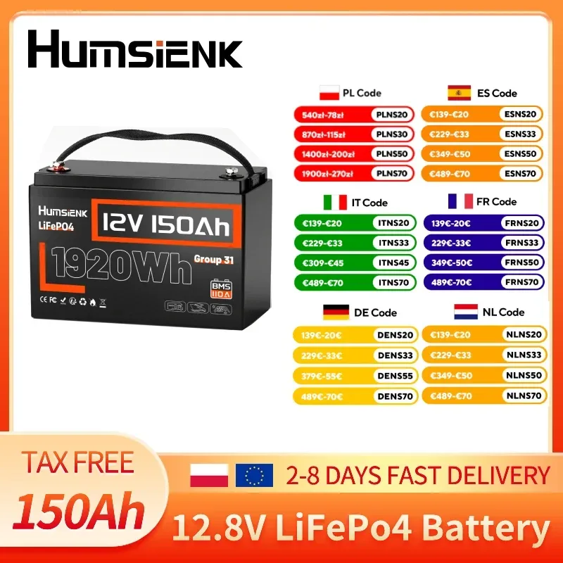 Humsienk 12V 150Ah LiFePO4 Lithium-Batterie mit integriertem 110A BMS, 1920Wh, 15000+ Zyklen für Solar, Wohnmobile, Marine, Camping, Off-Grid-Anwendungen