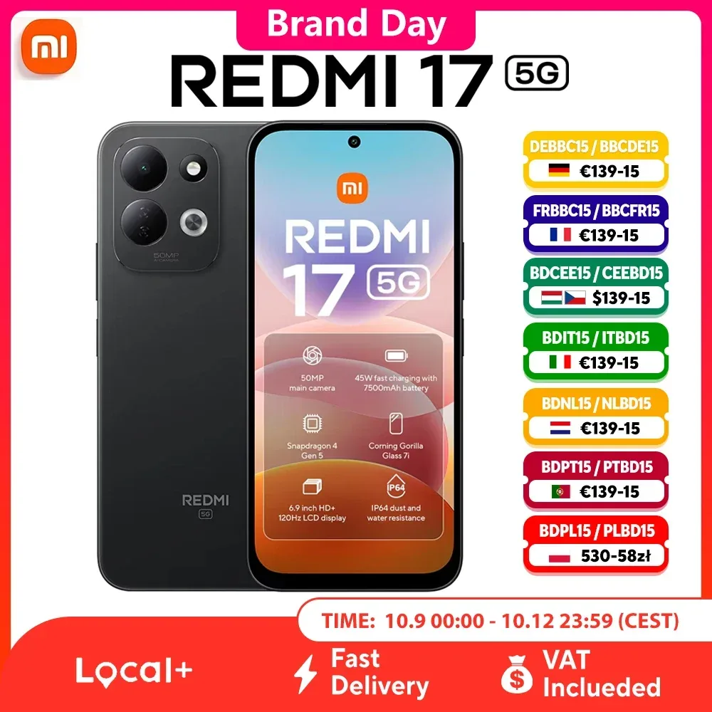 Redmi 17 5G Global-Version Mobiltelefon, NFC, 50MP AI Dual-Kamera-System, 7500mAh Akku, Snapdragon 4 Gen 5, Dual-SIM, AMOLED Display, Schnellladung Smartphone