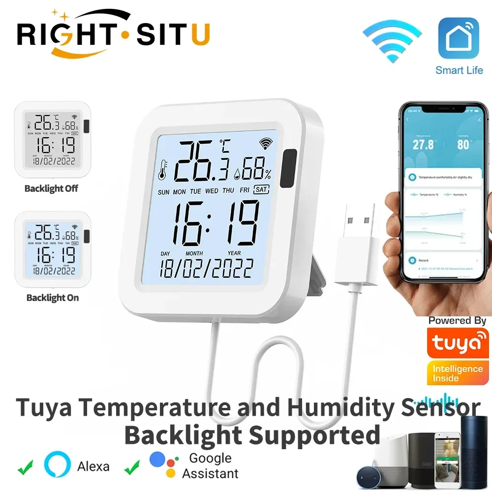 Tuya Temperatur- und Feuchtigkeitssensor mit Hintergrundbeleuchtung für Smart Home, WLAN-fähig, SmartLife-kompatibel, funktioniert mit Alexa und Google Assistant