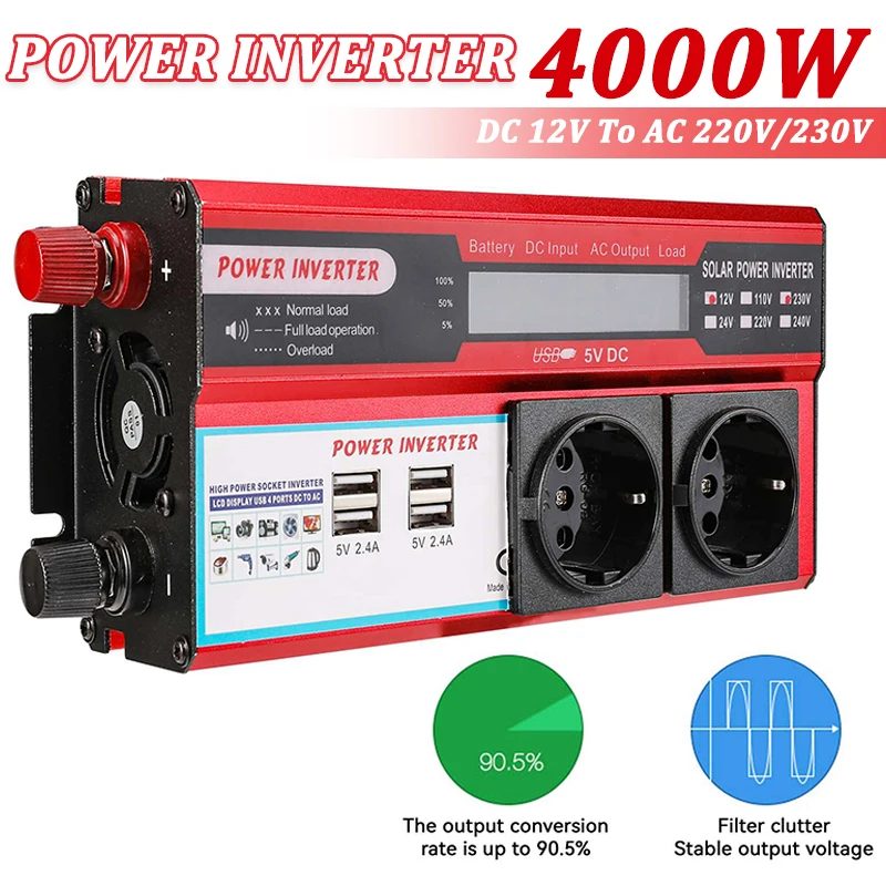 4000 W 3000 W Wechselrichter DC 12 V auf AC 220 V 230 V Transformator mit 4 USB-EU-Buchsen, Aufladen mit LED-Anzeige