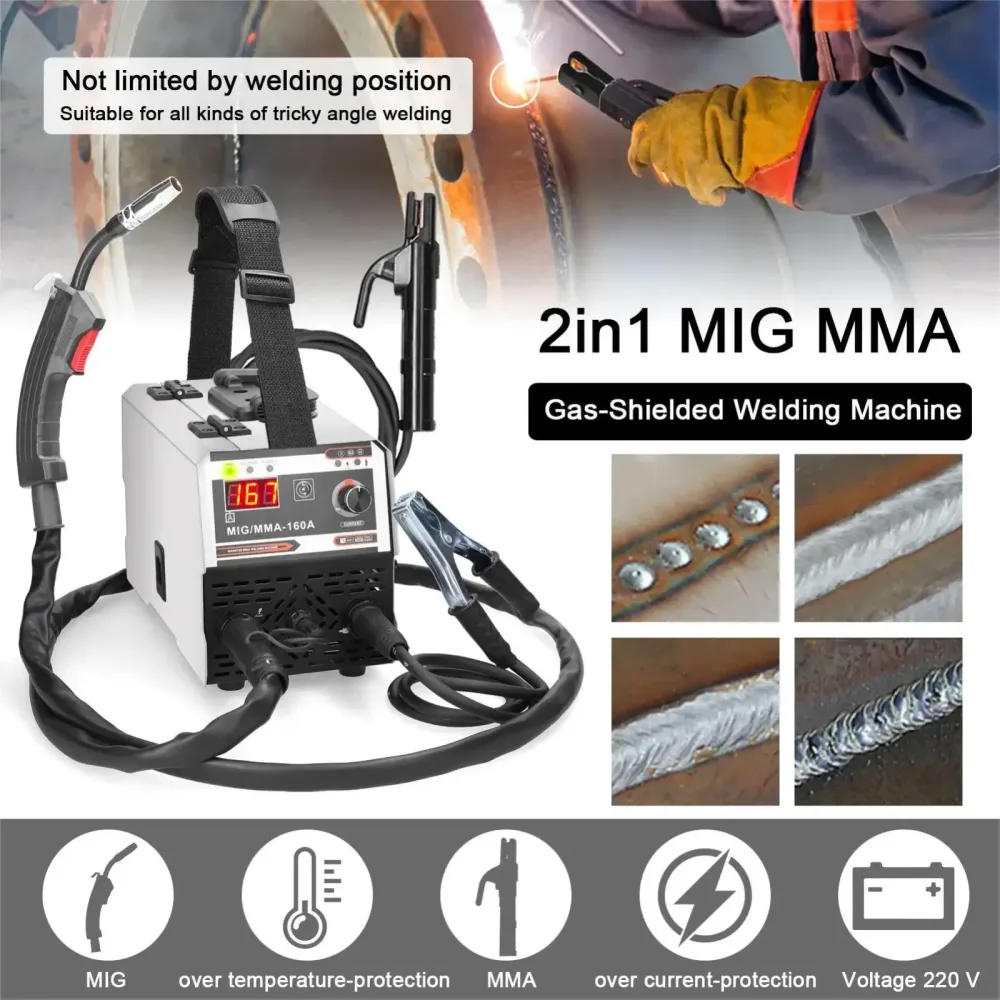 2-in-1 MIG/MMA Schweißgerät mit Digitalanzeige 160A IGBT Inverter DC-Schweißmaschine Gasgeschützt/Gaslos Lichtbogenschweißgerät