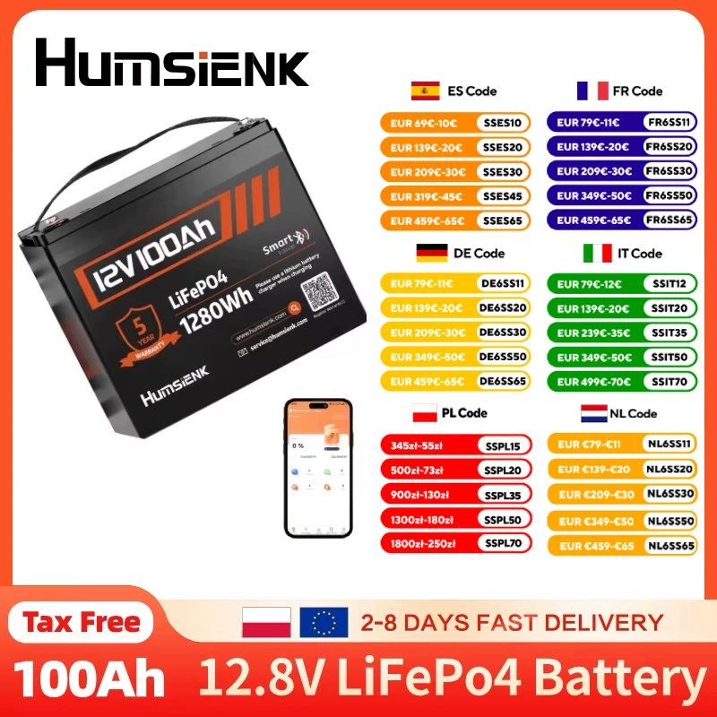 Humsienk 12V 100Ah LiFePO4 Batterie 100A BMS mit Bluetooth 15000 Zyklen Lithium-Eisenphosphat-Batterie Solar-Heimenergiespeicher
