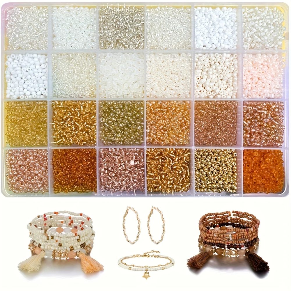 14400 Stück Rocailles, 2mm Weiße & Champagnerfarbene Glasperlen, Kleine Bastelperlen für Schmuckherstellung, DIY Armband Ohrring Set
