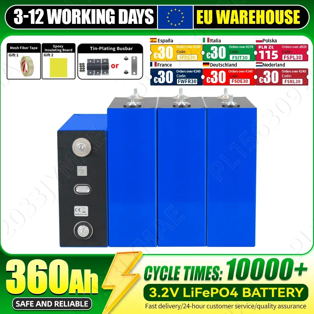 Brandneue 3,2V 360Ah Lifepo4-Batterie, 10000+ Zyklen, sichere wiederaufladbare Zelle mit 3 Zubehörartikeln als Geschenk, Klasse A, DIY 12V 24V 48V für Wohnmobile, Elektrofahrzeuge, Heimenergie,