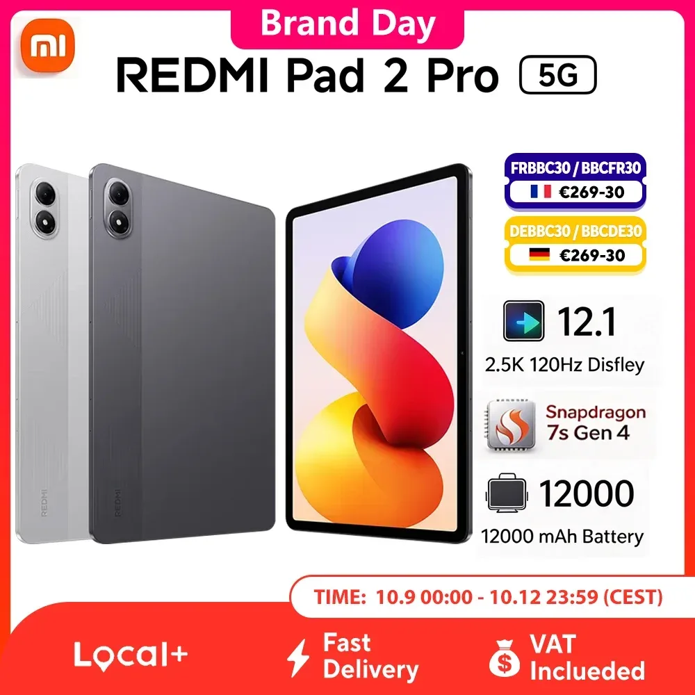 Xiaomi Redmi Pad 2 Pro 5G Tablet, 6?GB RAM, 128?GB Speicher, Snapdragon®?7s?Gen?4, 12,1?Zoll 2,5K?Display, 120?Hz Bildwiederholrate, 12000?mAh Akku, 8?MP Kamera, Ohne Ladegerät