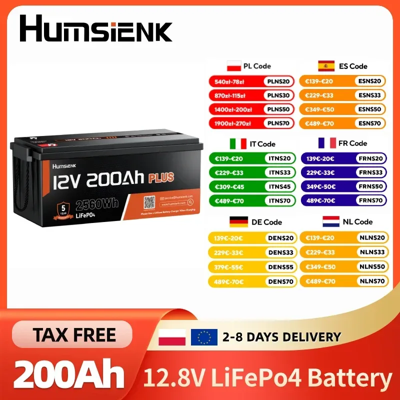 Humsienk 12V 200Ah LiFePO4-Batterie, integriertes 250A BMS, 15000 Zyklen, 2560Wh, Niedertemperaturschutz, Lithium-Eisenphosphat-Batterie für Heimenergie, Wohnmobile, Trolling-Motoren, Marine, Solar,