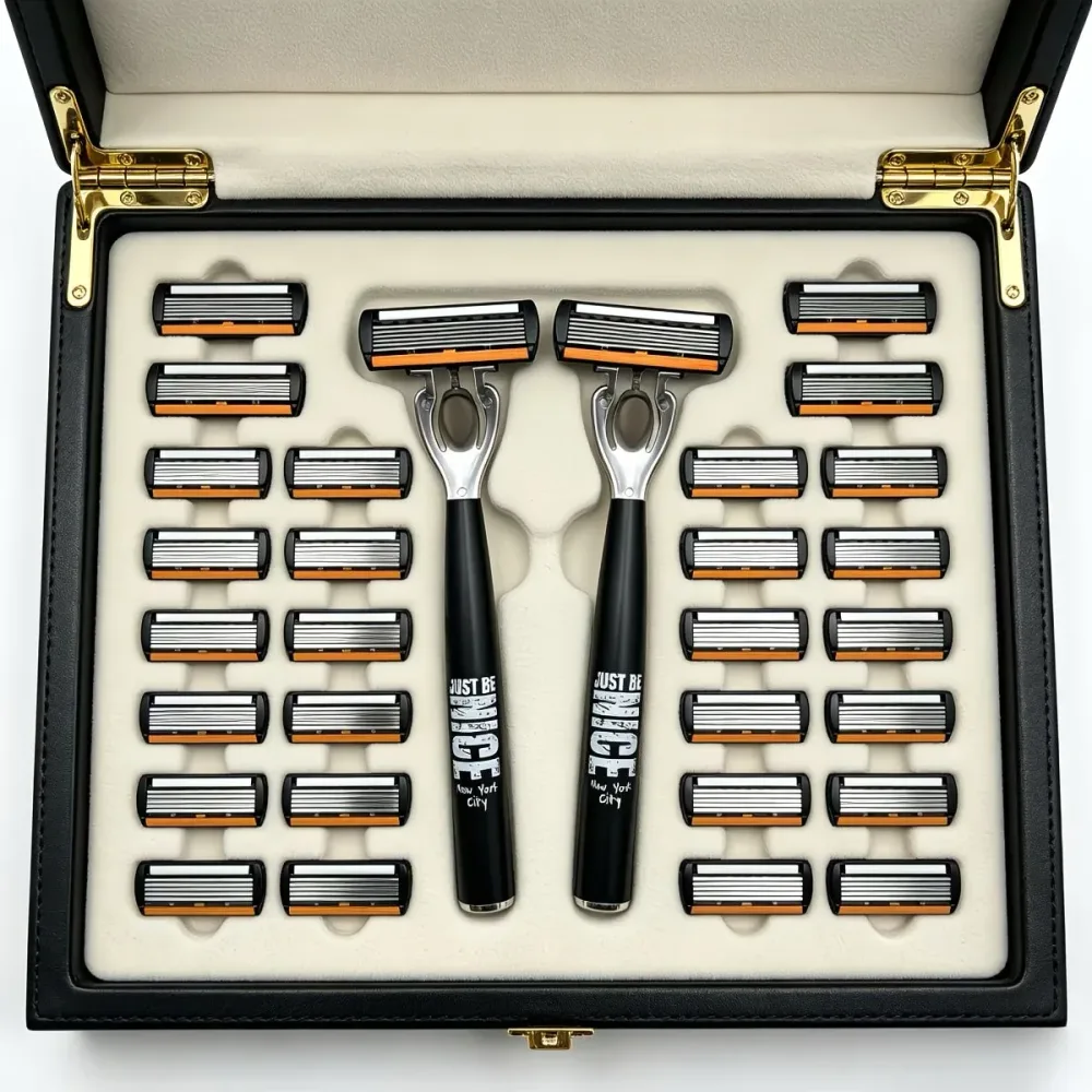 Manuelles Sicherheitsrasierer-Set für Herren, mit 6-lagigen Edelstahlklingen und einem Aloe-Vera-Gleitstreifen. |   perfekt als Geschenk.