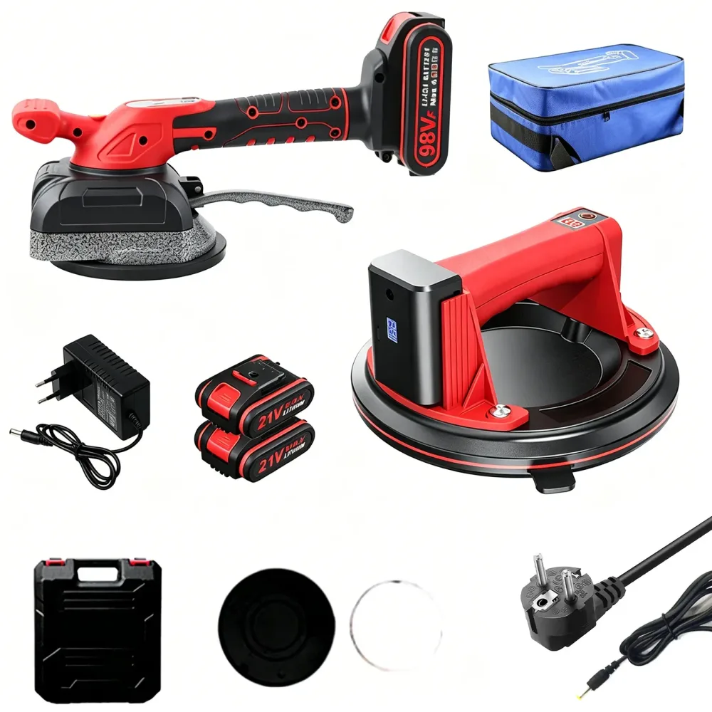 2-in-1 Fliesen-Handhabungs- und Verlegungsset, 200 kg Saugkraft 21V Elektrische Fliesenverlegemaschine (5 Geschwindigkeiten/12.000 U/min) + 200 kg Saugkraft 8-Zoll Elektrischer Saugnapf