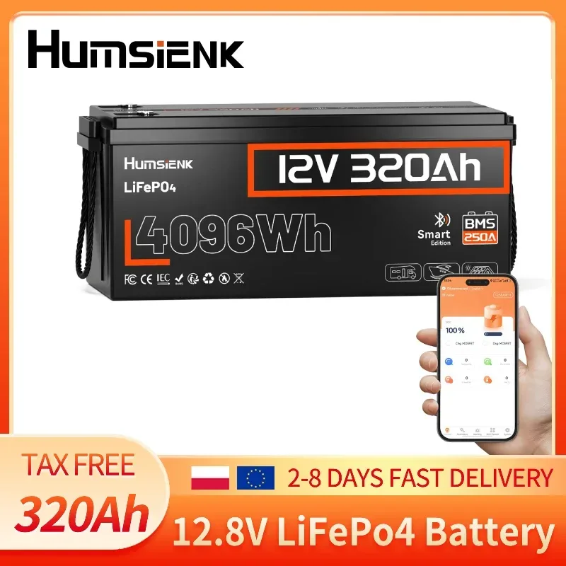 Humsienk 12V 320Ah LiFePO4 Lithium-Eisenphosphat-Batterie, eingebautes 250A BMS mit Bluetooth-Überwachung, Deep-Cycle-Batterie für Solar, Wohnmobile, Marine, Boote und Off-Grid-Energiespeicher.