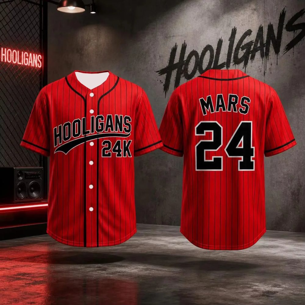 2026 Bruno Mars 24K Hooligans Baseball-Trikot für Herren und Damen, Unisex, kurzärmelig, Hip-Hop-Streetwear-Tops für Fans, Kinder und Erwachsene