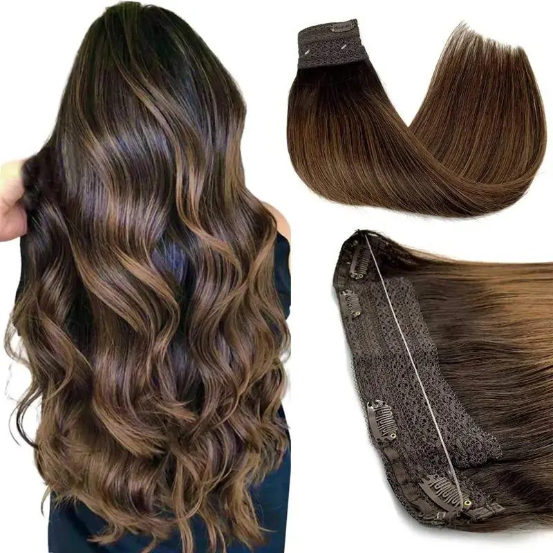 Drahthaarverlängerungen, Echthaar, Balayage, dunkelbraun bis kastanienbraun, unsichtbar, transparent, Remy-Fischlinien-Haarverlängerungen