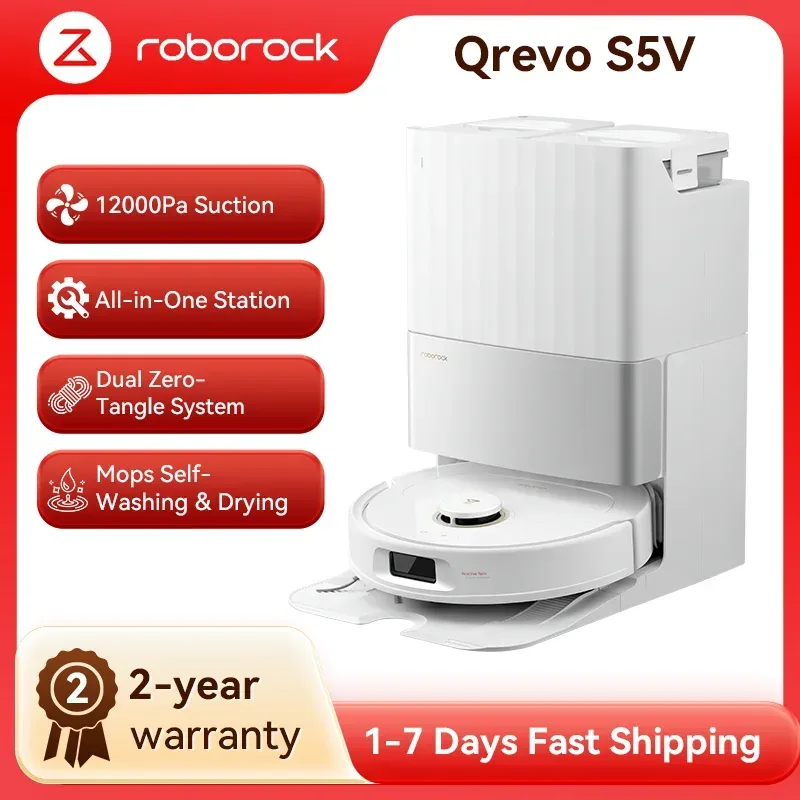 roborock Qrevo S5V (Upgrade vom S7 Max Ultra) Saugroboter, 12.000 Pa Saugleistung, Doppelte Anti-Verhedderungsbürste, Doppelt anhebbare Rotationsmopps, Selbstentleerung und -befüllung,
