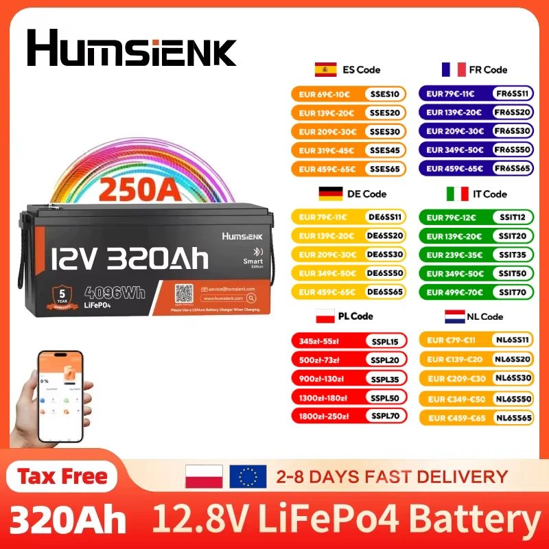 Humsienk LiFePO4 12V 320Ah Batterie mit integriertem Bluetooth 250A BMS Lithium-Akku für Golfwagen, Wohnmobile, Offroad, Haushalt, Camping, ECE R10 zertifiziert