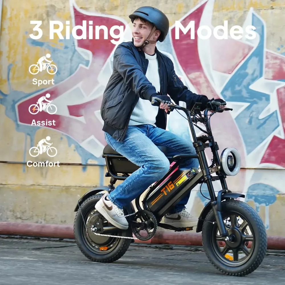 Elektrofahrrad Urlife T16 mit breiten Reifen 16*3 Zoll, 48V Batterie, doppelter Federung, faltbar, tragbar für den täglichen Gebrauch, elektrisches MTB für Erwachsene.