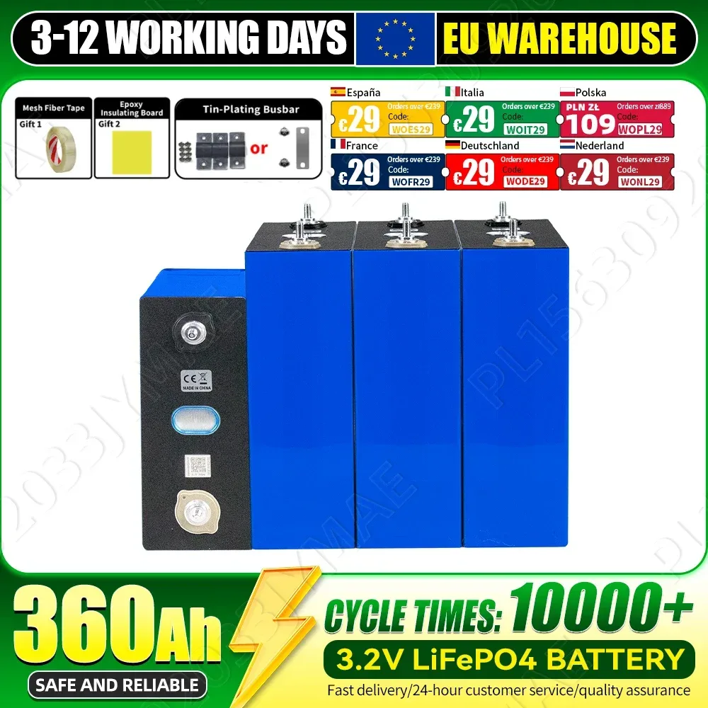 Brandneue 3,2V 360Ah Lifepo4-Batterie, 10000+ Zyklen, sichere wiederaufladbare Zelle mit 3 Zubehörartikeln als Geschenk, Klasse A, DIY 12V 24V 48V für Wohnmobile, Elektrofahrzeuge, Heimenergie,