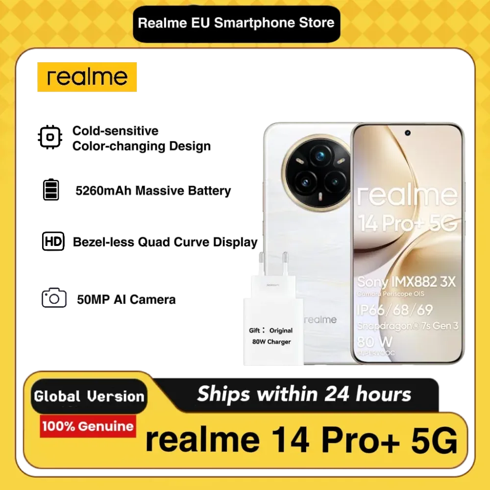 realme 14 Pro+ 5G Android-Smartphone, 8+ 256 GB, Sony IMX896 OIS-Kamera, Qualcomm Snapdragon 7s Gen 3 5G, IP69, 6,83' 120-Hz-Display, 5260-mAh-Akku, inklusive 80W-Ladegerät
