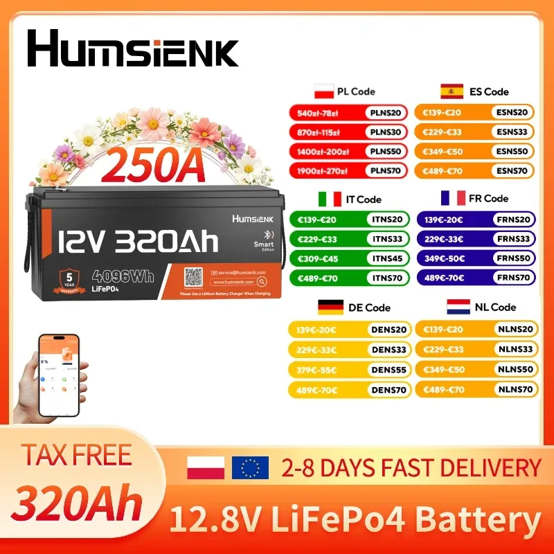 Humsienk 12V 300Ah (320Ah) LiFePO4 Batterie mit 250A BMS und Bluetooth, Tiefentladungsschutz bei niedriger Temperatur, 4096Wh, bis zu 6000+ Zyklen, Lithium-Eisenphosphat-Batterie, perfekt für