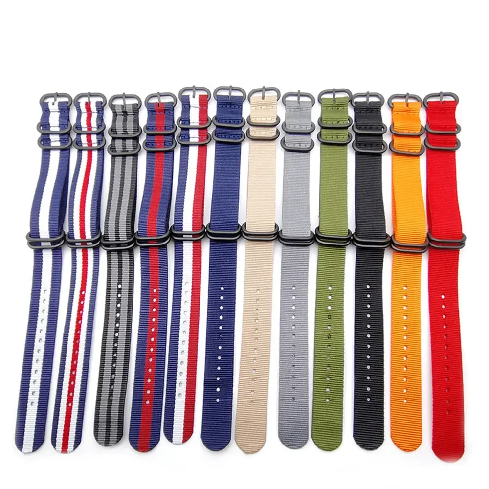 Nylon-Nato-Uhrenarmband, Edelstahl, 5 Ringe, Schnalle, gewebter Stoff, 18 mm, 20 mm, 22 mm, 24 mm