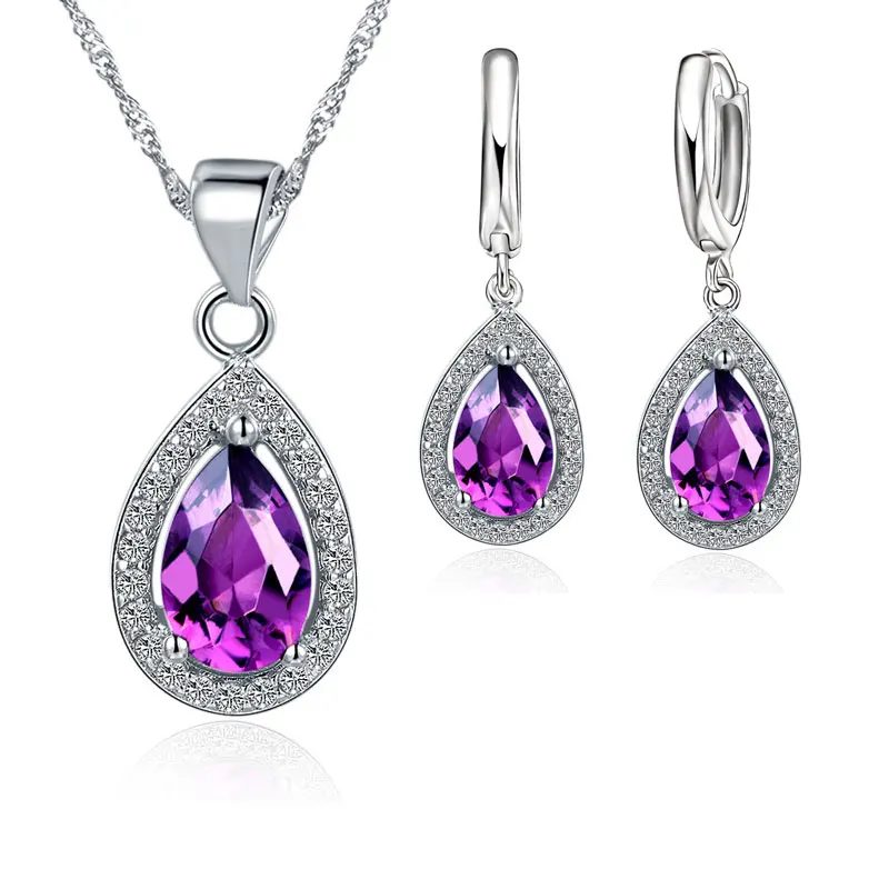 Klassische 925 Sterling Silber Farbe Frauen Waterdrop Kristall Anhänger Halsketten Tropfen Ohrring Set Hochzeit Braut Schmuck Sets