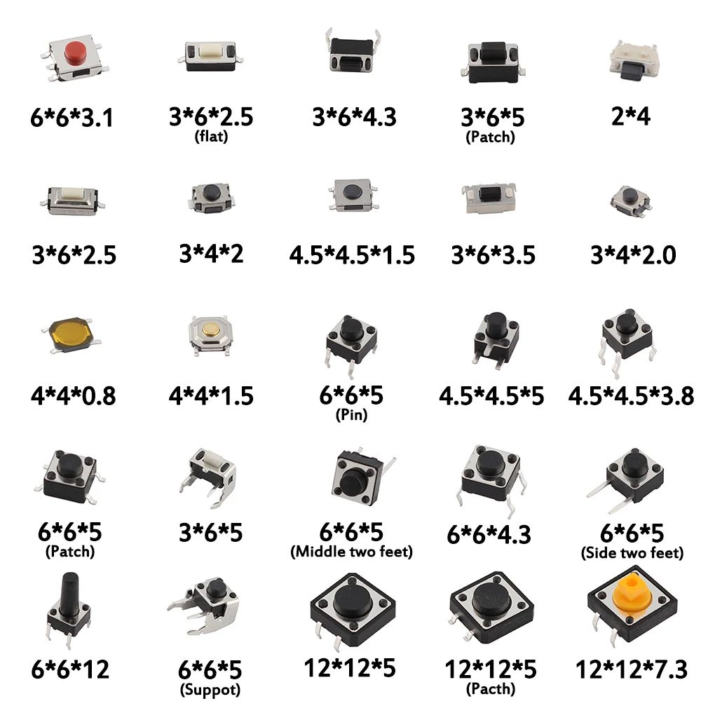 125-teiliges sortiertes Mikrodrucktaster-Taktschalter-Set ? 25 Typen, einschließlich Reset- und Mini-Blattschalter, SMD/DIP 2 x 4, 3 x 6, 4 x 4, 6 x 6