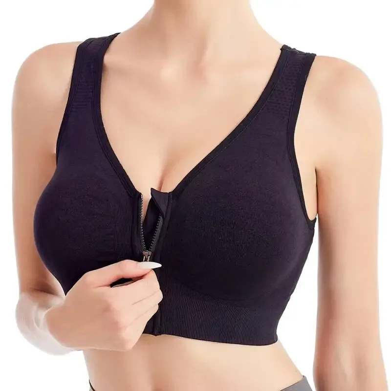 Damen Sport-BH mit Reißverschluss vorne, nahtlos, stoßfest, atmungsaktiv, Fitness-BH ohne Bügel, Lauf-Bralette