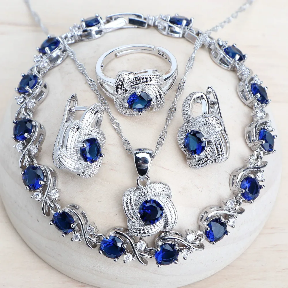 Blaue Zirkonia-Damen-Schmucksets aus 925er-Sterlingsilber, Hochzeit, Braut, Kostüm, Schmuck, Ohrringe, Ringe, Armbänder, Anhänger, Halskette