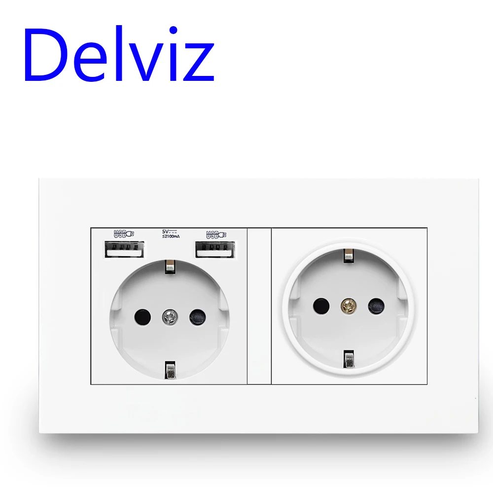 Delviz EU-Standard-USB-Buchse, Doppelausgang, 16 A Qualitäts-Stromversorgungspanel AC 110 ~ 250 V, 146 mm * 86 mm, Doppelrahmen-Wand-USB-Steckdose