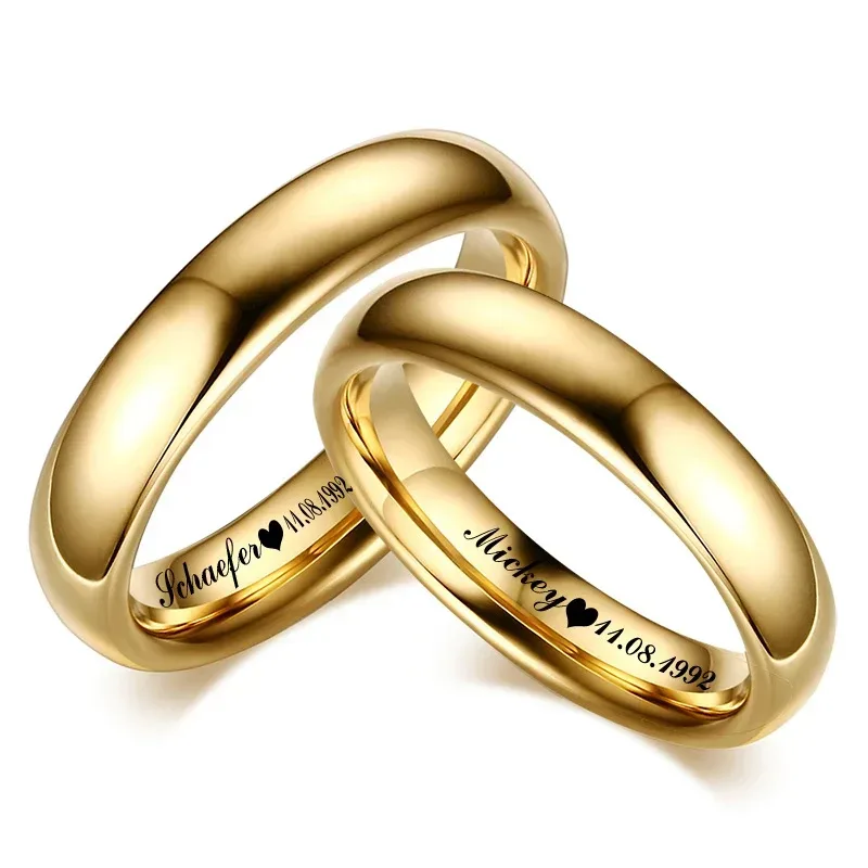 Glatte Edelstahl Paar Ringe Gold Farbe Einfache 4MM Frauen Männer Liebhaber Hochzeit Schmuck Verlobung Geschenke Personalisierte