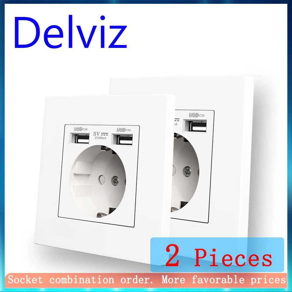 Delviz Dual-USB-Ladesteckdose, AC 110?250 V Stromanschluss, Panel aus weißem PC-Material, 2 A USB-Schnittstelle, 16 A EU-Standard-Wandsteckdose