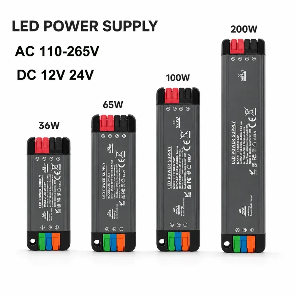 Ultradünnes LED-Netzteil 36W 65W 100W 200W AC 110-265V Weltweit Kompatibel DC 12V 24V Geräuschloser Beleuchtungstransformator LED-Wandler