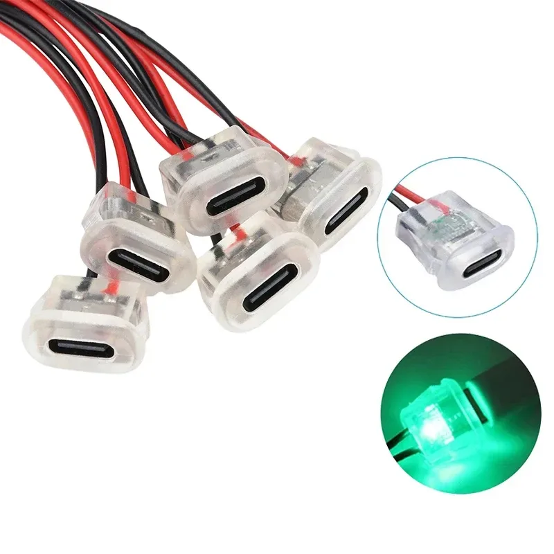 10PCS Buchsen Transparent 2Pin USB Typ-C Mit LED Lichter Eingang Typ Lade Buchse Wasserdichte USB-C Power Port