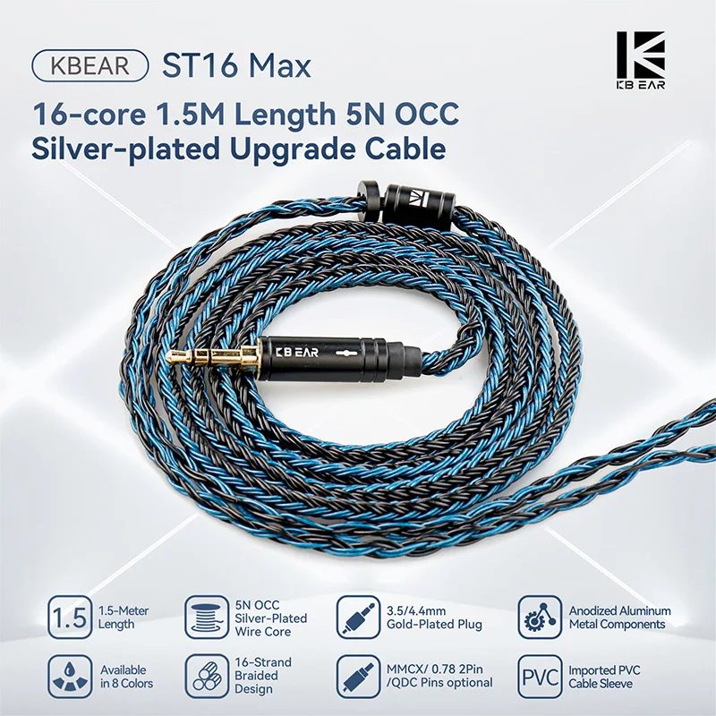 KBEAR ST16 Max 16-adriges, 1,5 m langes, OCC-versilbertes Kabel, 3,5/4,4 mm symmetrisches, austauschbares IEM-Kabel für KZ ZS12 PROX ZS12 PRO2