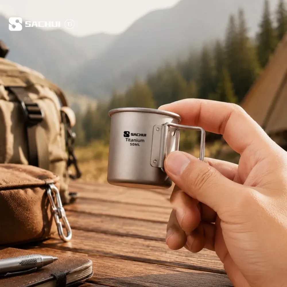 50ml Reiner Titan Mini Outdoor Ultraleichter Tragbarer Tee- und Kaffeebecher mit Klappgriff Camping-Wasserbecher Wander-Reise-Geschirr